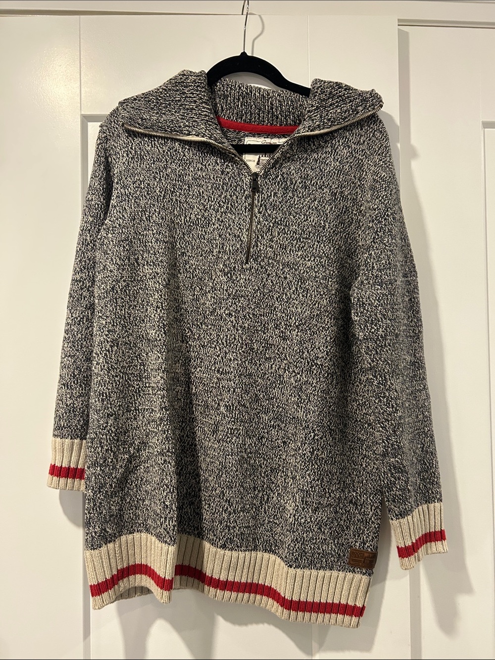 Roots Cozy Knit Half-Zip Sweater - Salt and Pepper with Cream and Red Trim